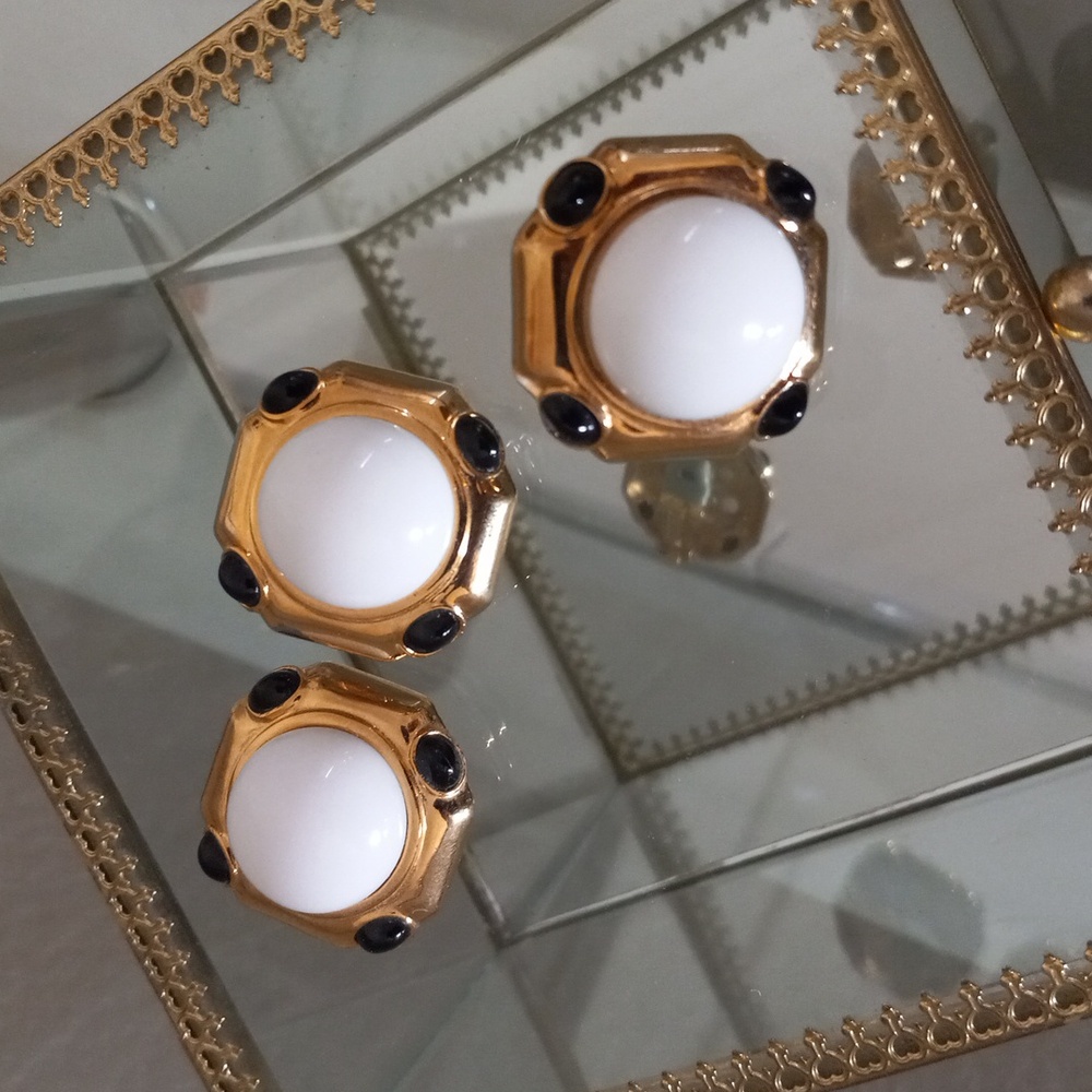 Vintage CINER Gold-Tone, White/Black Cabochon Earrings & Necklace Enhancer